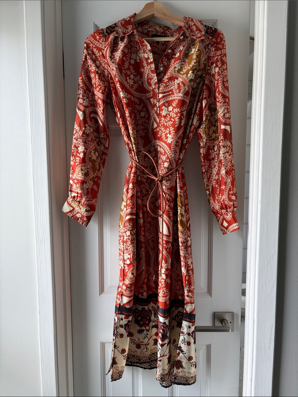 1. State Rust Red Paisley Tie-Waist Long Sleeve Midi Dress